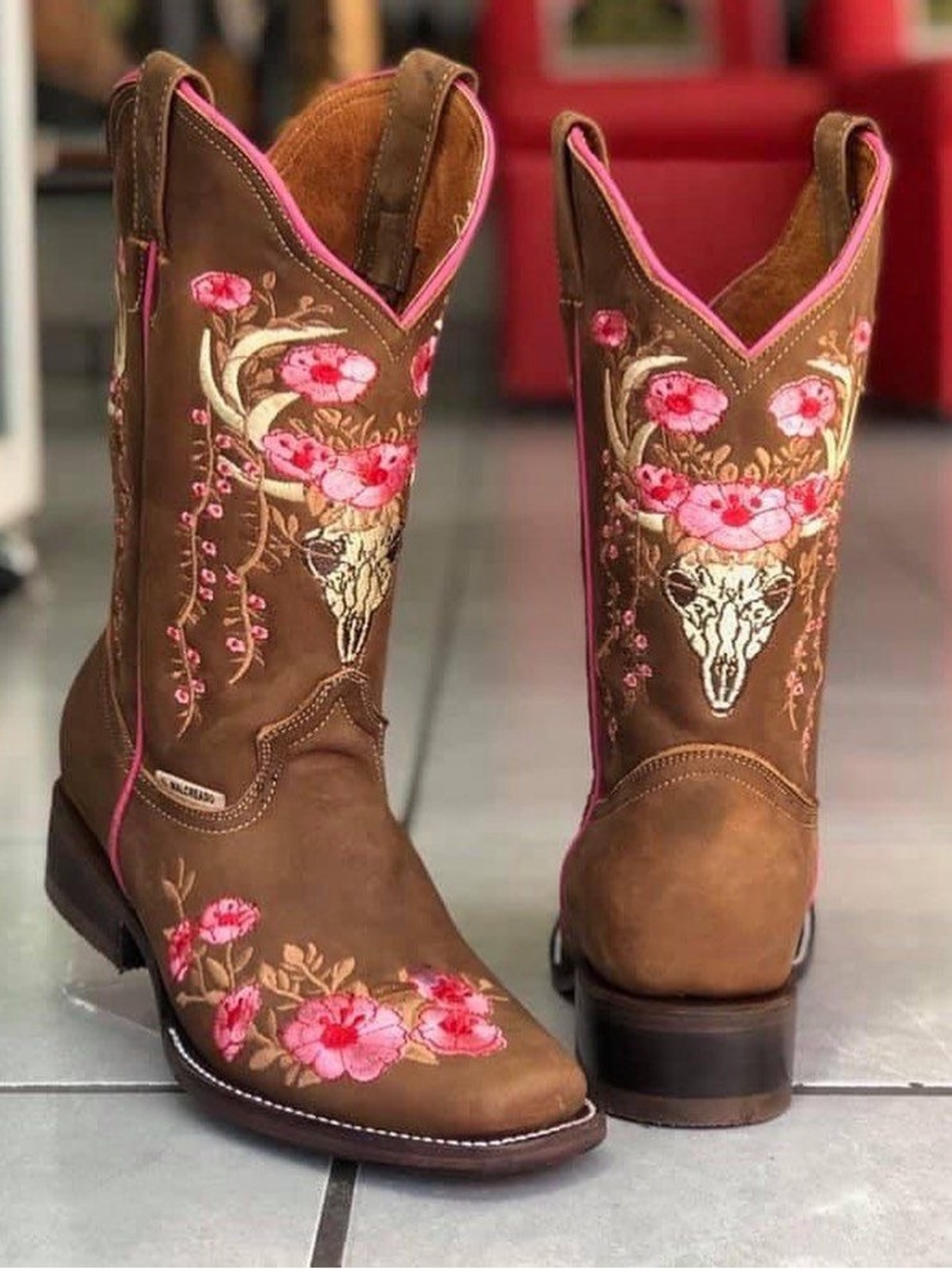 Women's El Carrizal Brown boho Western Boots with Pink Floral Embroidery